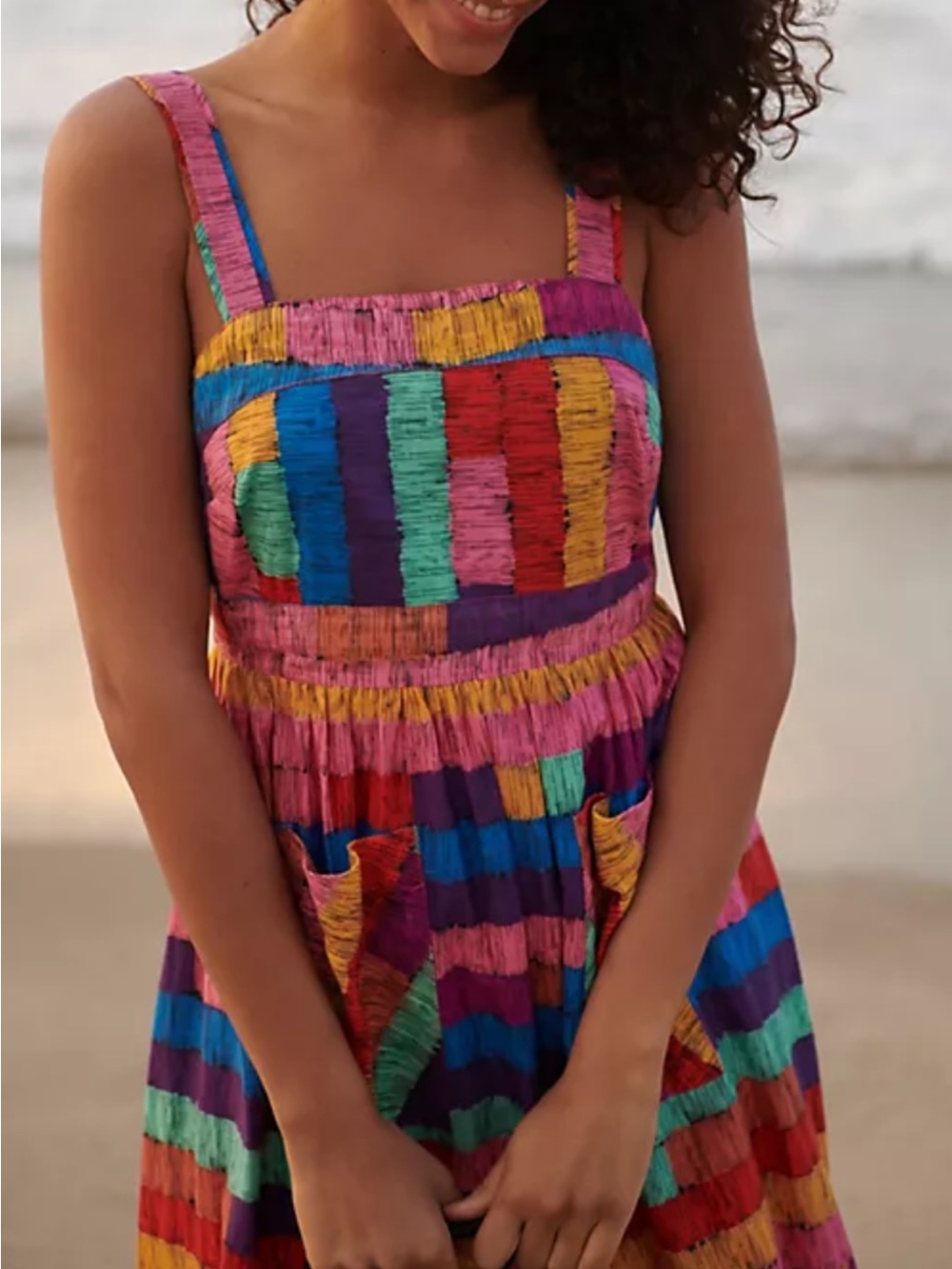Farm Rio Multicolor Rainbow Striped Sundress Ruffle Hem Pockets Medium